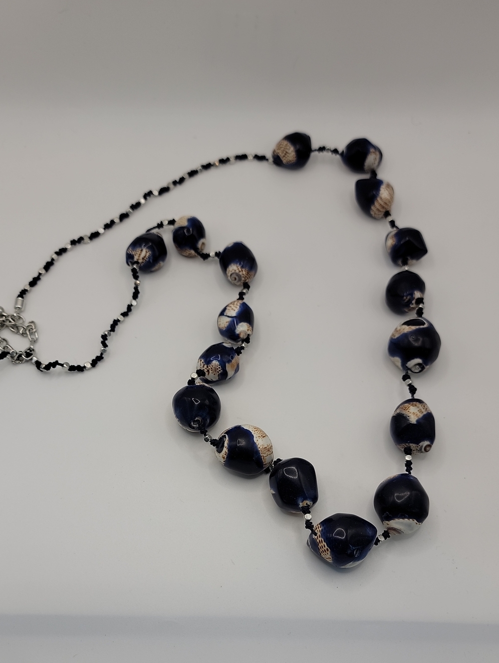 Chico's Bead Necklace - Organic Shaped Painted Shell - Navy & White  40"